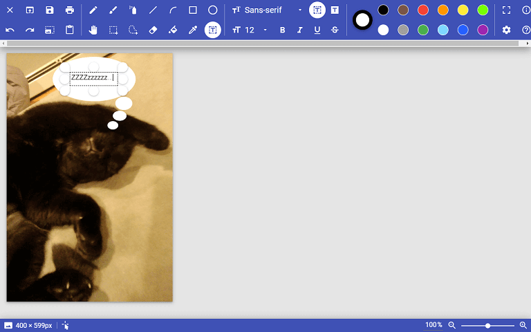 A thought bubble drawn over a sleeping cat in PaintZ has a text box that says ZZZZzzzzzz...