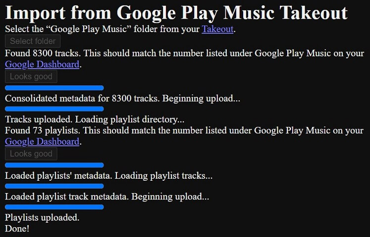 The, Import from Google Play Music Takeout, screen lists the steps of the import process.