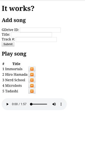 A bare-bones interface has a section to add a Google Drive file and a list of 5 songs that could be played.