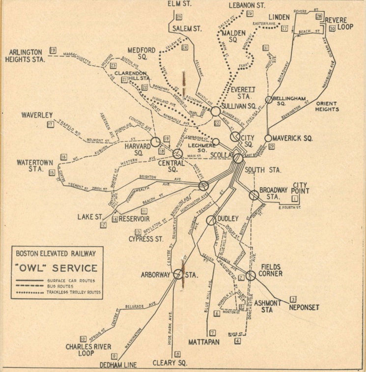 An old, more geographically accurate Boston transit map shows elevated railway and streetcar routes twist and turn along the streets and rivers they follow.