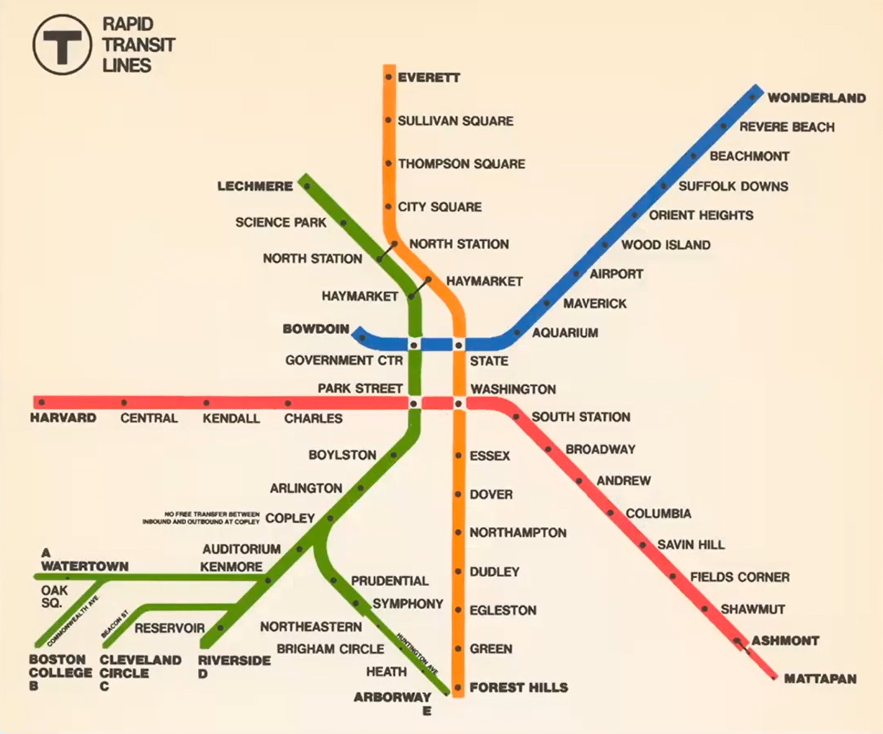 An old M B T A Rapid Transit Lines map shows the Orange, Red, Green, and Blue lines at 90 and 45 degree angles.