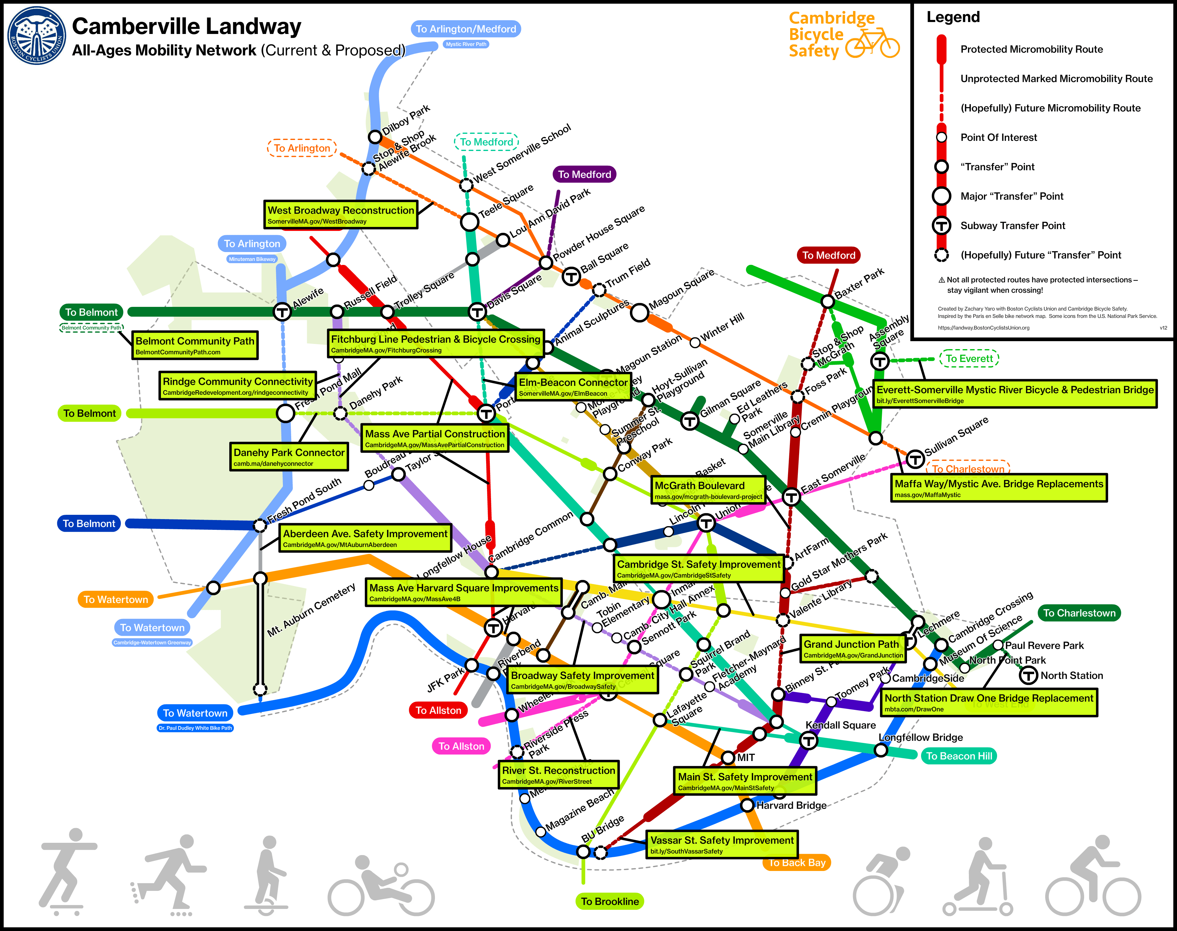 The, Current and Proposed, version of the Camberville Landway map shows various projects around the area that plan to build missing segments of the network.