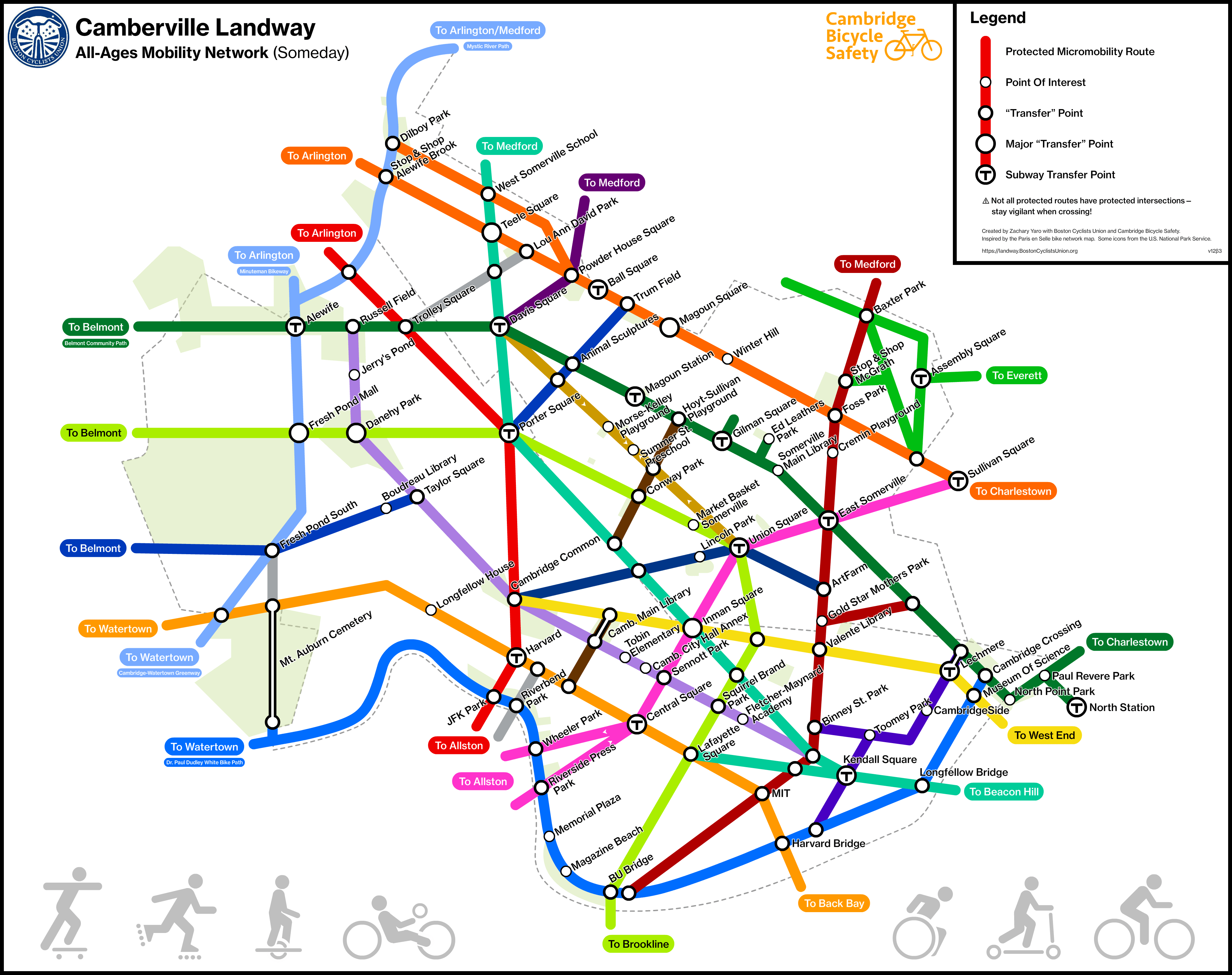 The, Someday, version of the Camberville Landway map shows 20 major and minor routes through and around Cambridge and Somerville styled like M B T A subway lines.  Icons show people using skateboards, rollerblades, onewheels, handcycles, wheelchairs, scooters, and bicycles.