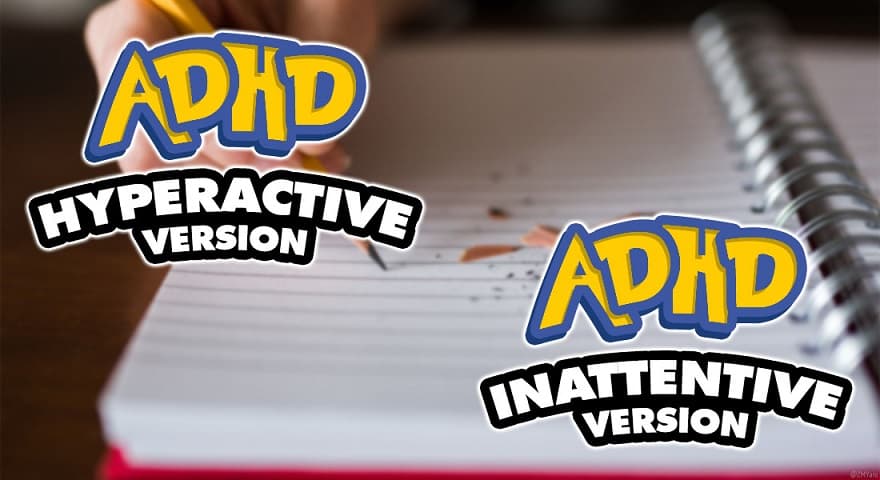 Logos in the style of Pokémon game logos say, ADHD Hyperactive Version, and, ADHD Inattentive Version.