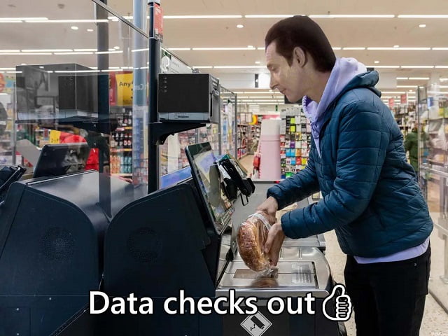 Data from Star Trek is edited onto someone using a grocery store self check out.  Text says, Data checks out 👍