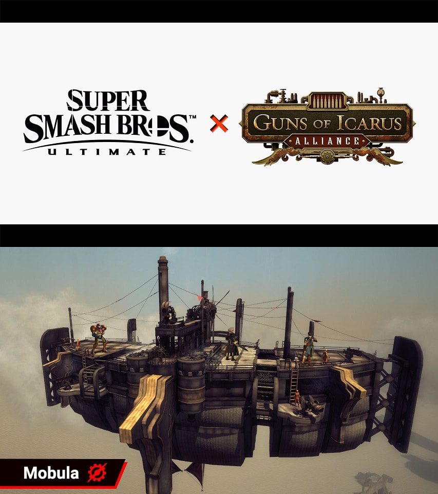 Fake Nintendo Direct screenshots show, Super Smash Brothers Ultimate × Guns Of Icarus, and characters fighting on top of a Mobula as a Smash Brothers stage.  The name, Mobula, and a Guns Of Icarus icon, are shown in the same style as actual Smash Brothers stage reveals.