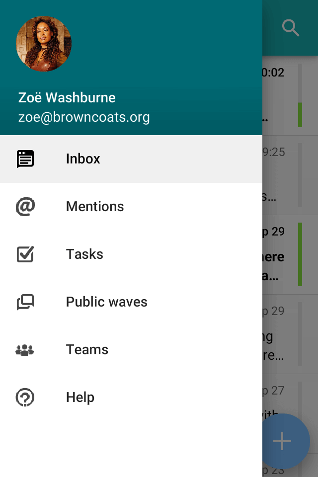 Inbox with navigation drawer open
