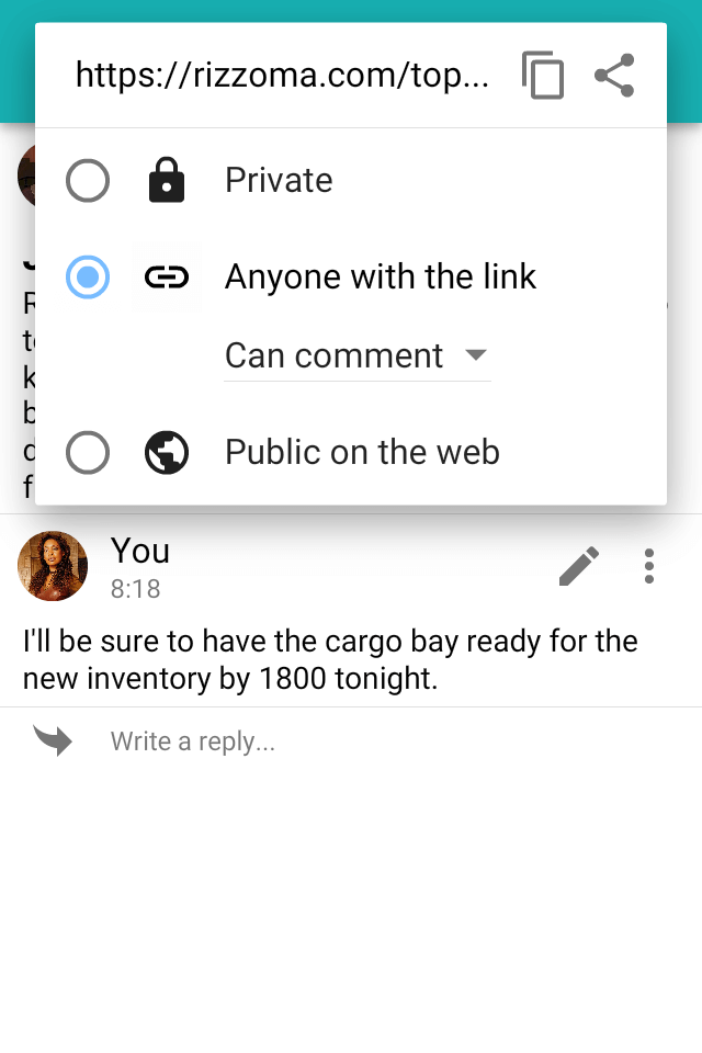 The share dialog for an “Anyone with the link” wave