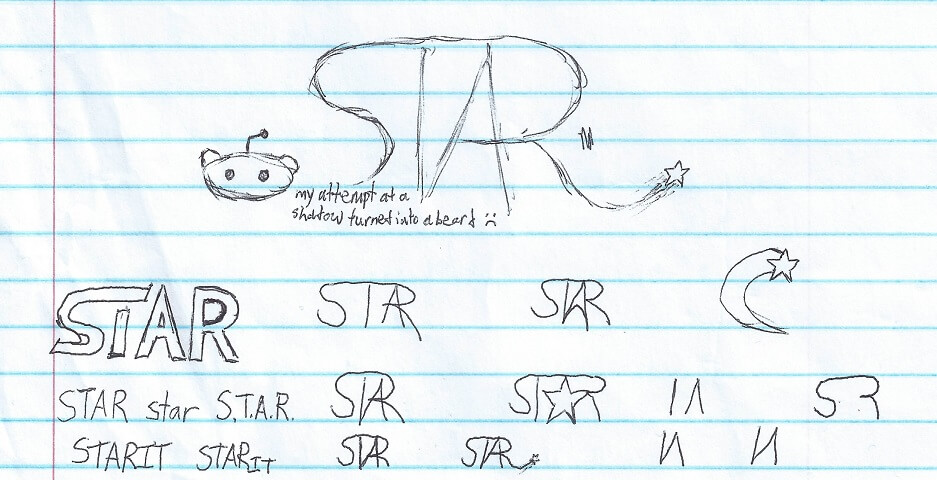 Various sketches show brainstormed STAR logos with shooting stars, different ways of the letters being connected, and reference to sci-fi logos and alien icons, such as the Star Trek: The Next Generation logo and Reddit icon.