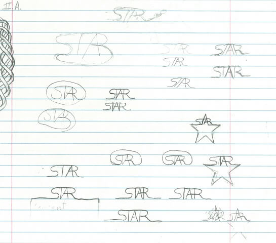 Various sketches show further iterations on the STAR logo, including ones where parts of the word are incorporated into a circle, star, or other shape.