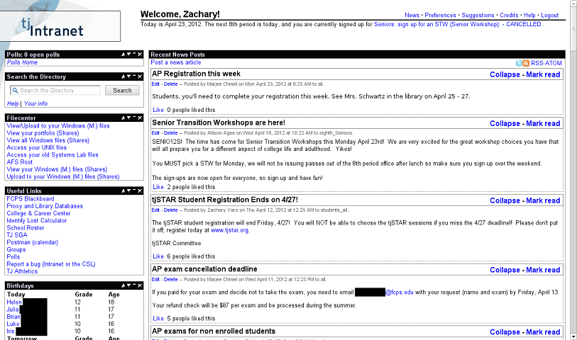 The Intranet 2 interface has several intraboxes down the side for polls, directory search, file center, useful links, and birthdays.  The main box shows news.  The top right corner has links for news, preferences, suggestions, credits, help, and log out.