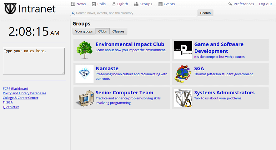 The groups app shows tabs for your groups, clubs, and classes.  The clubs tab is selected, and shows links with icons and short descriptions for Environmental Impact Club, Game and Software Development club, Namaste, S G A, Senior Computer Team, and Systems Administrators.