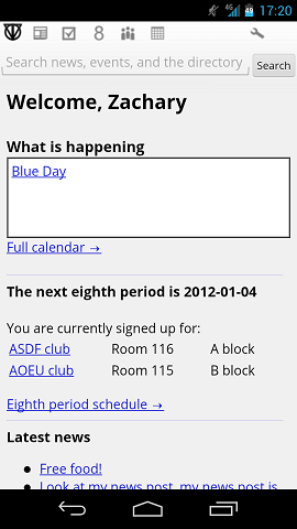 The Intranet 3 interface on an Android device hides the intraboxes, shows only the current day on the calendar, and the other home sections appear in one column below.  The top bar Intranet logo and links are only icons.