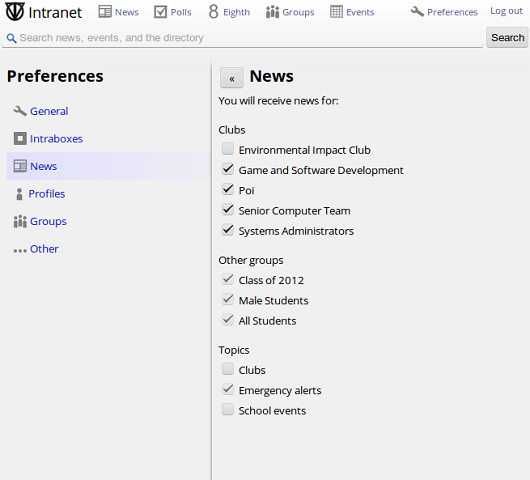 A tablet sized screen shows the preferences section on the left side, with news selected, and news preferences on the right side.  The top bar and Intranet logo are condensed, with icons and text, and the search bar spans the screen below them.