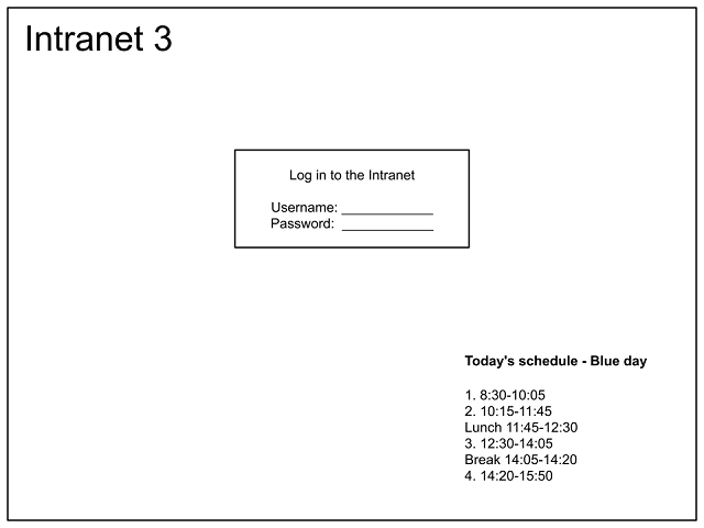 A mock-up of the Intranet 3 login page has the layout of the Intranet 2 login page, but with the day's schedule at the bottom right corner.