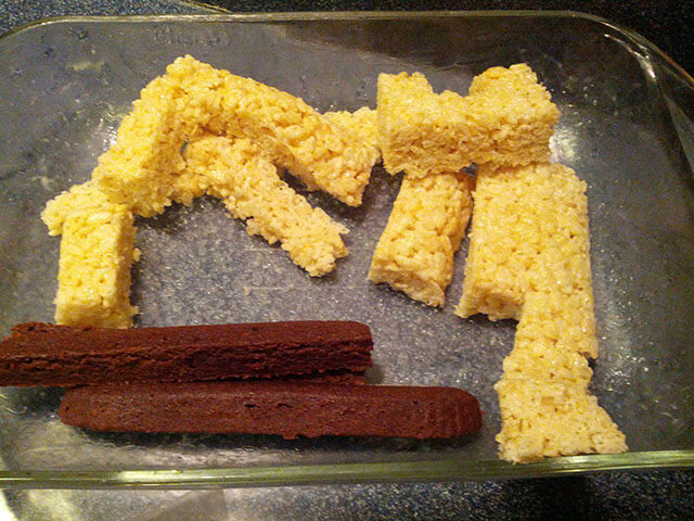 Leftover scraps of brownie and rice krispies treats.