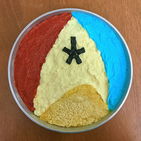 The finished Starfleet dessert project with red to the left of the insignia, blue to the right, and yellow below.