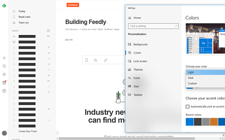 Feedly and Windows in light theme.