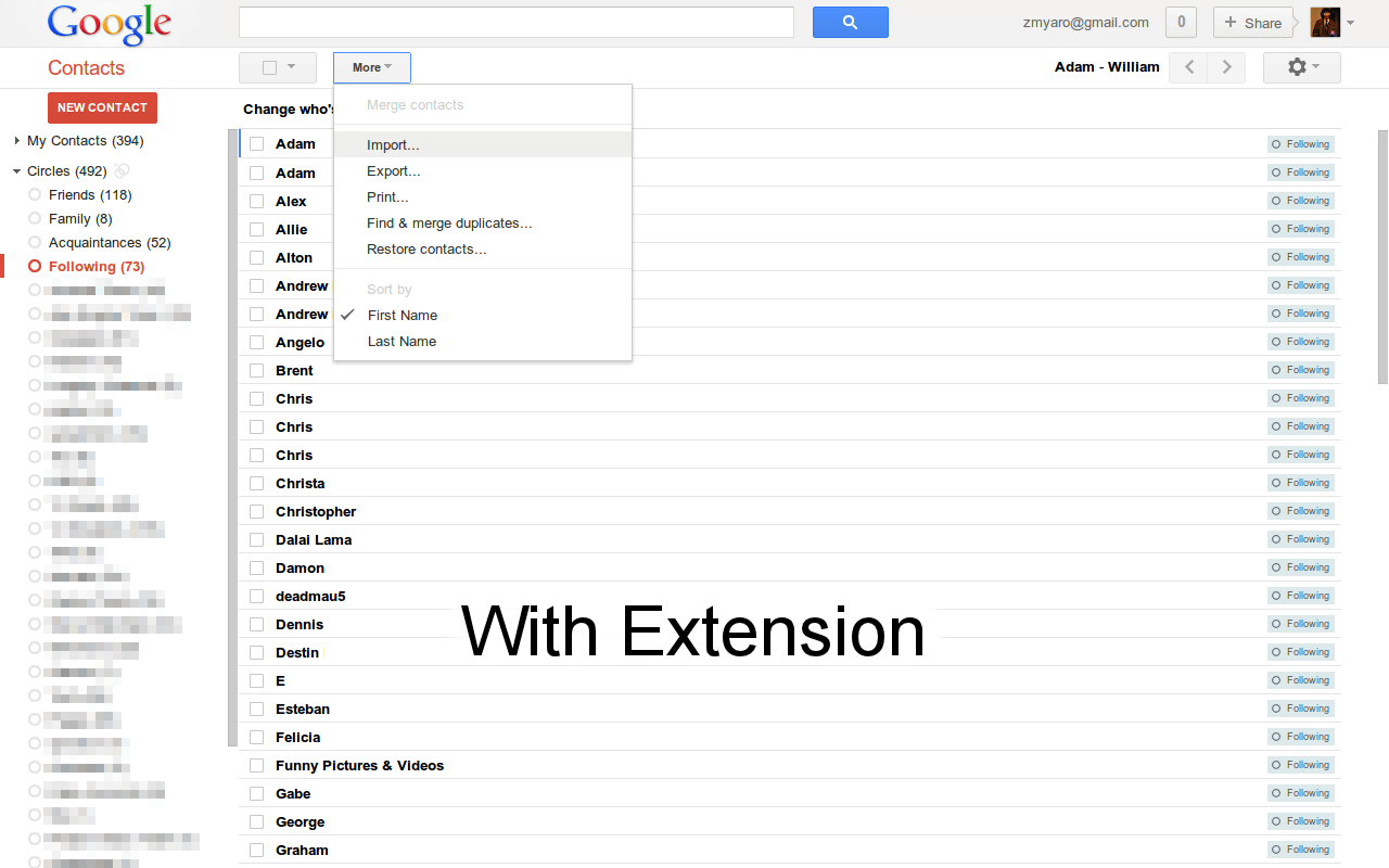 Google Contacts with the extension shows 26 contacts.