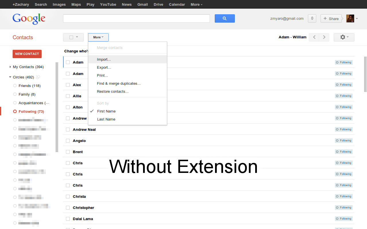 Google Contacts without the extension shows 15 contacts.