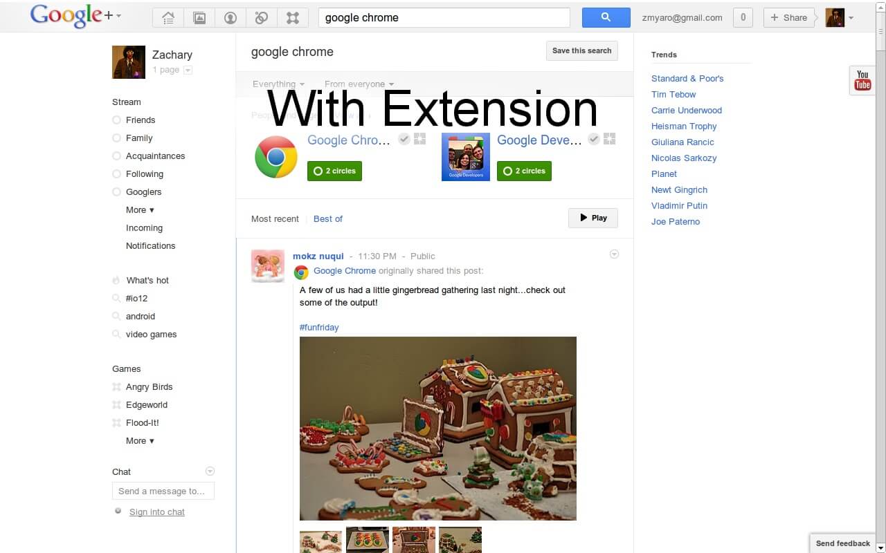 Google+ with the extension has the top Google bar only two thirds as tall.