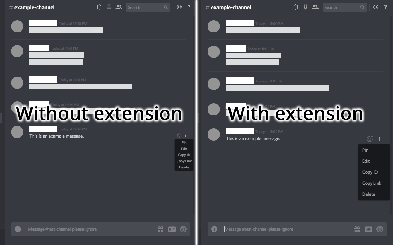 A screenshot compares Discord with and without the extension.