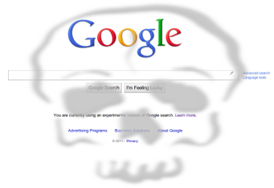 The Google home page with a ghostly skull over it.