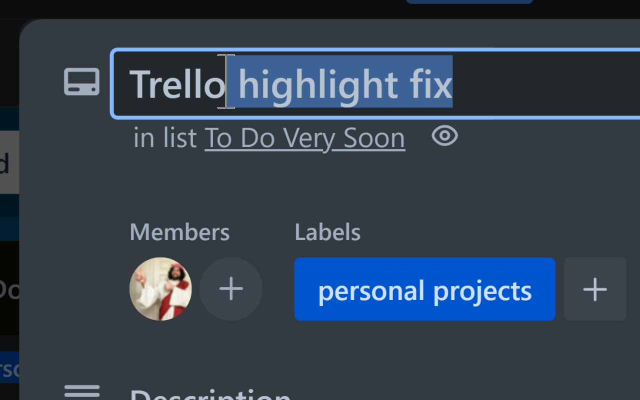 Text on a Trello card title is visibly selected.