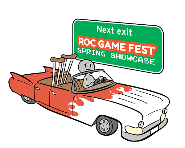 The Cheating Death character drives past a sign that says, Next Exit, ROC Game Fest Spring Showcase.