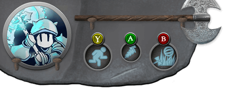 A stone has a picture of the warrior, an axe, and ability icons attached to it
