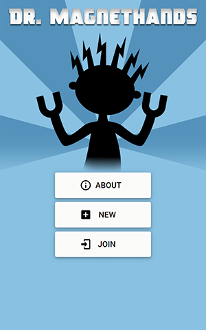 The title screen shows a silhouette of Dr. Magnethands and button, About, New, and Join.