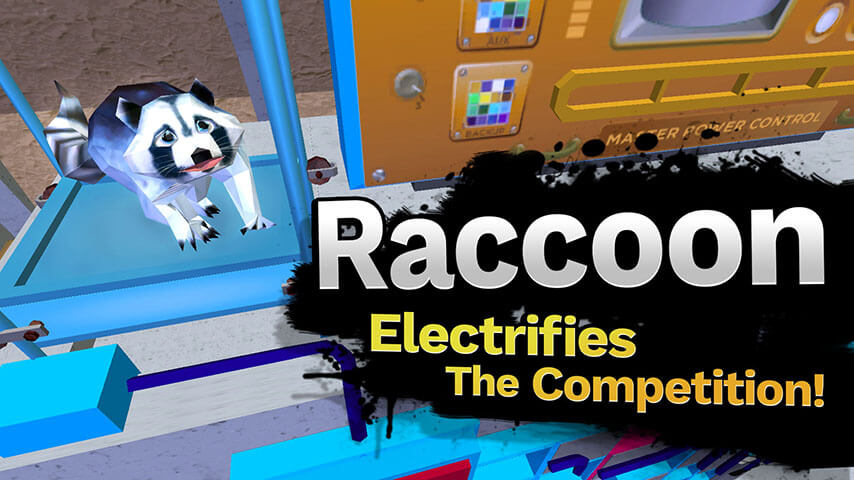 Raccoon stands next to the master power control in Martha Madison Electricity.  The text says, Raccoon Electrifies the Competition!