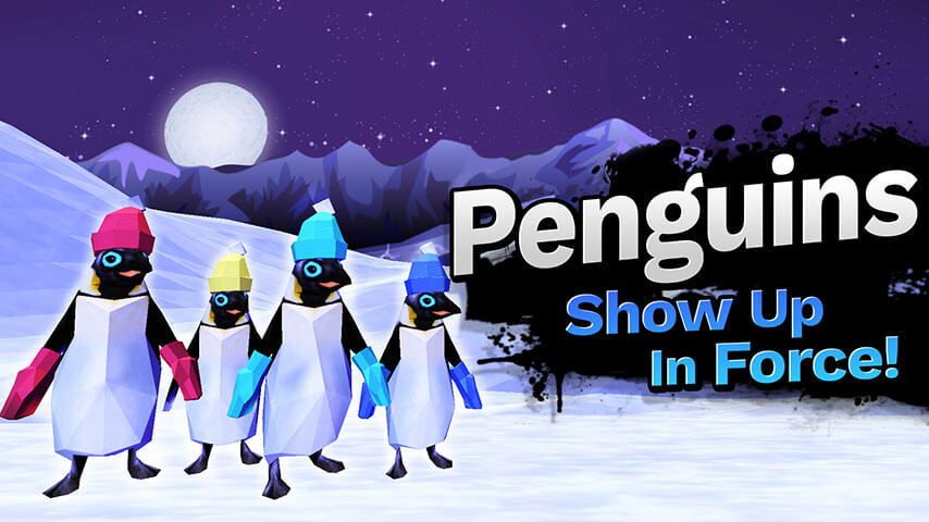 Penguins stand in the snow behind Martha Madison Forces.  The text says, Penguins Show Up In Force!