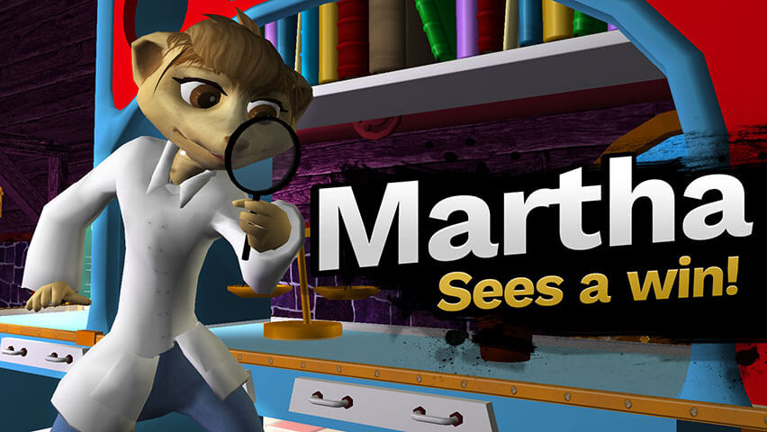 Martha Madison looks through a magnifying glass in Martha Madison Optics.  The text says, Martha Sees a Win!
