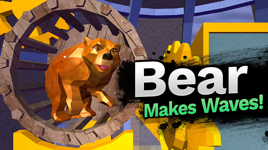 Bear runs on the wheel next to the wave machine in Martha Madison Waves.  The text says, Bear Makes Waves!