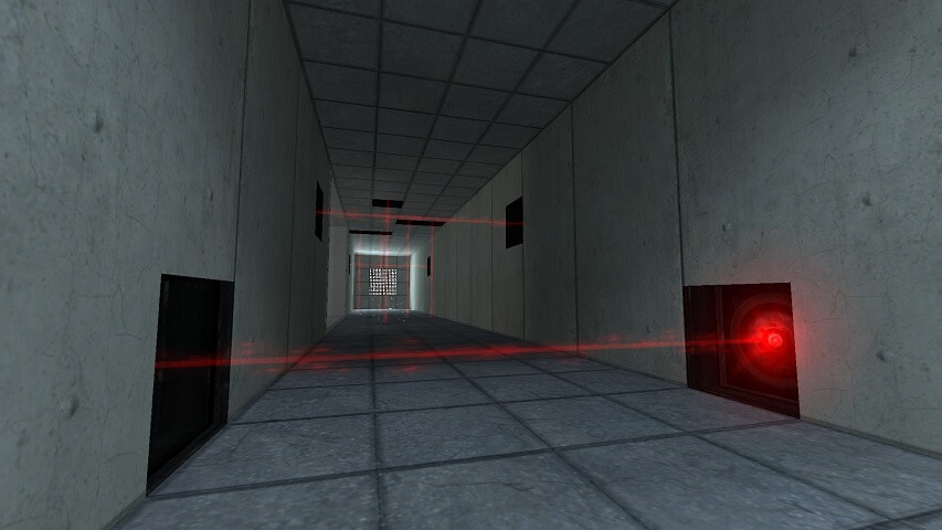Lasers criss cross a hallway.