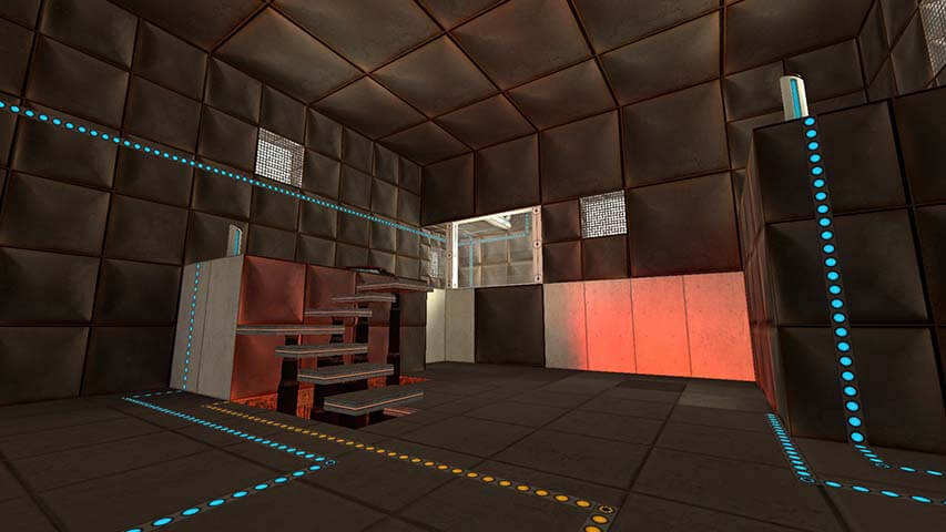 Stairs lead up to a platform with a pedestal button, a floor button, and other puzzle elements.