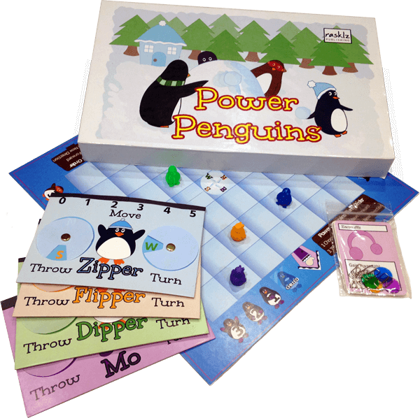 The Power Penguins board, penguine pieces, selectors, cards, tokens, and box.