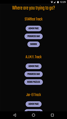 The admin control interface on a phone asks, Where are you trying to go, and has LCARS style buttons for the different interfaces under the headings, STARfest Track, AIMY Track, and Jar-El Track.