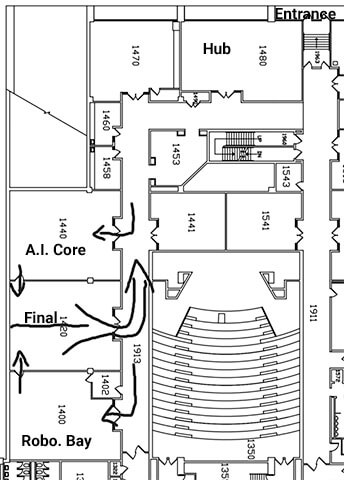 A floor plan is annotated with which rooms were used for the START Hub and different puzzle tracks.