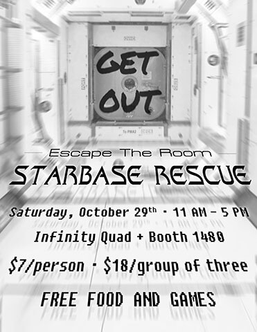 A poster shows a hall in a space station with GET OUT written on the door at the end.  The event details float in the hall.