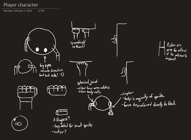 Draft sketches of the player robot with notes about the spherical body, the big eyes indicating which direction xe is facing (and looking cute), whether the hands should be detailed or symmetrical, and more.