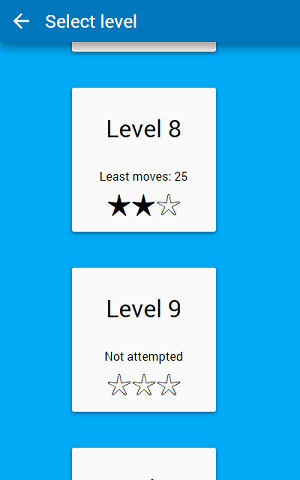 The level select screen shows the least number of moves each level was completed in, as well as an associated star ranking.