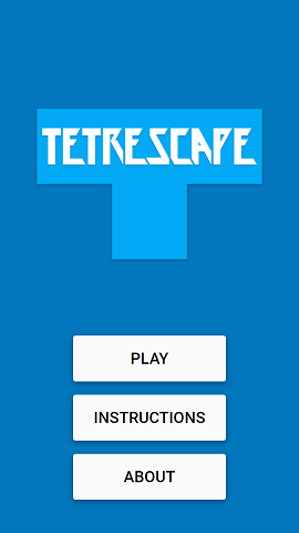 The title screen has Material Design buttons for play, instructions, and about.