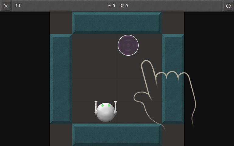 On a touch device, the first level prompts the player to swipe up and has Material-inspired on-screen buttons to go back or reset.