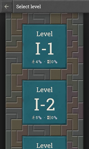 The level select screen shows cyan stone buttons for levels I-1, I-2, and I-3 embedded in tetrominos.  The buttons show the number of moves and blocks cleared for each level, as well as star rankings for each.