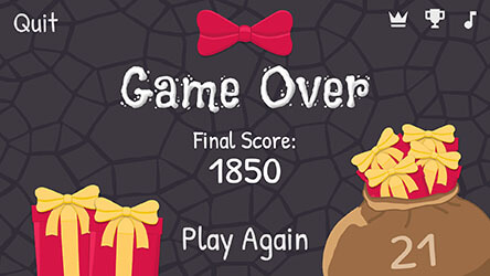 The Workshop Scramble game over screen shows the player shipped 21 toys and scored 1850 points.