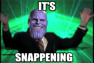 Thanos is edited onto Ron Paul waving his hands.  Lasers flash and text says, It's snappening!