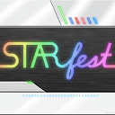STARfest icon with glowing rainbow letters and other small lights shining through panels of metal, plastic, and glass.